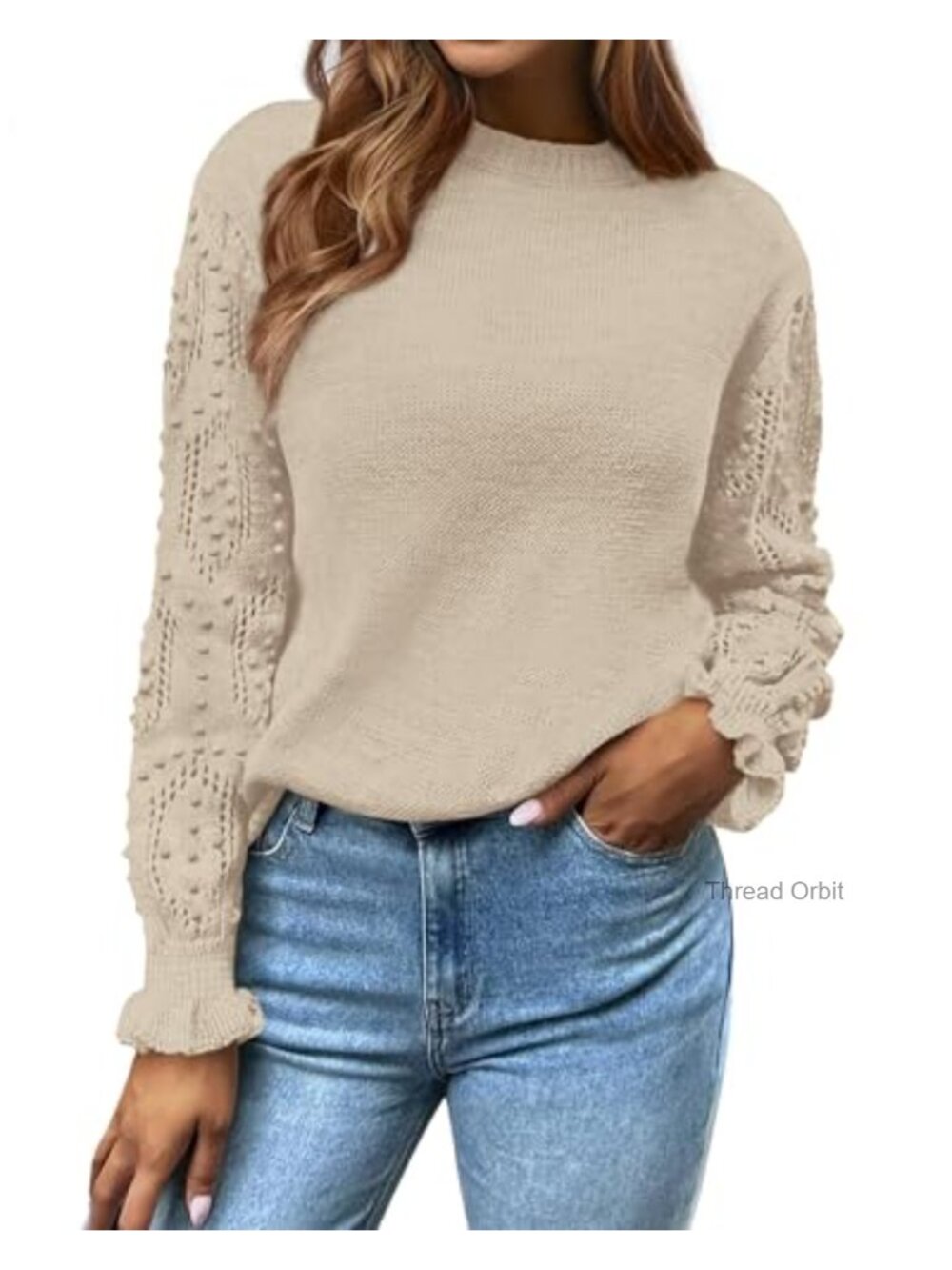 Women's Hollow Out Swiss Dot Crochet Sweater - Crewneck Pullover